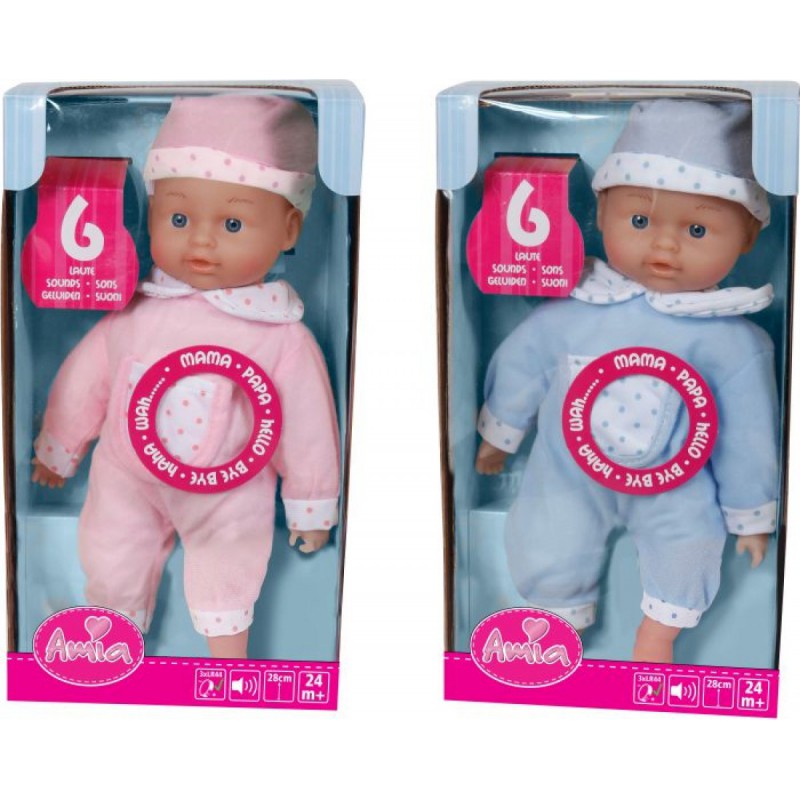 Amia  sprekende pop met muts. 28cm assorti kleur