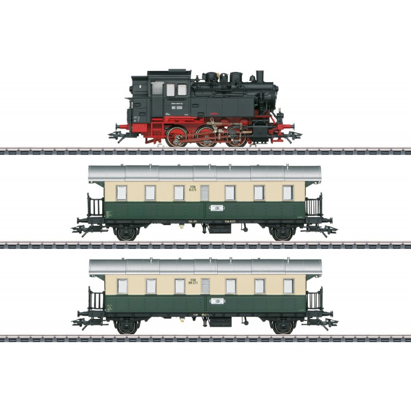 Respectievelijk nieuwigheid Verplaatsing Märklin-H0, locomotief Veluwsche Stoom Maatschappij (VSM) met wagons Epoche  VI - 26618