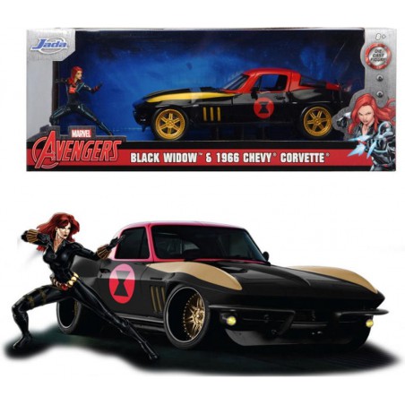 MARVEL -  Avengers Auto Diecast Black Widow 1966 Chevy Corvette 1:24