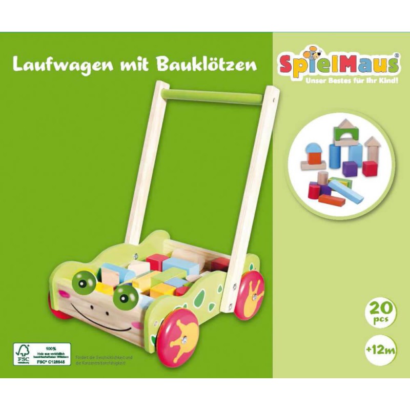 Spielmaus Houten Loopwagen met blokken, 20 st