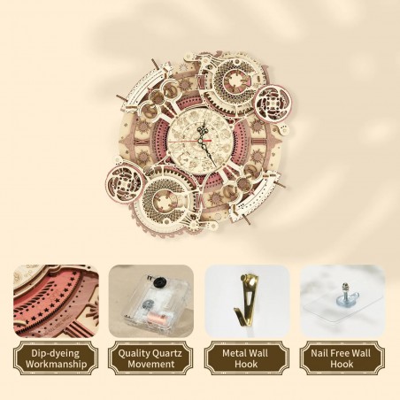 Zodiac Wall Clock, Houten model klok, Rokr