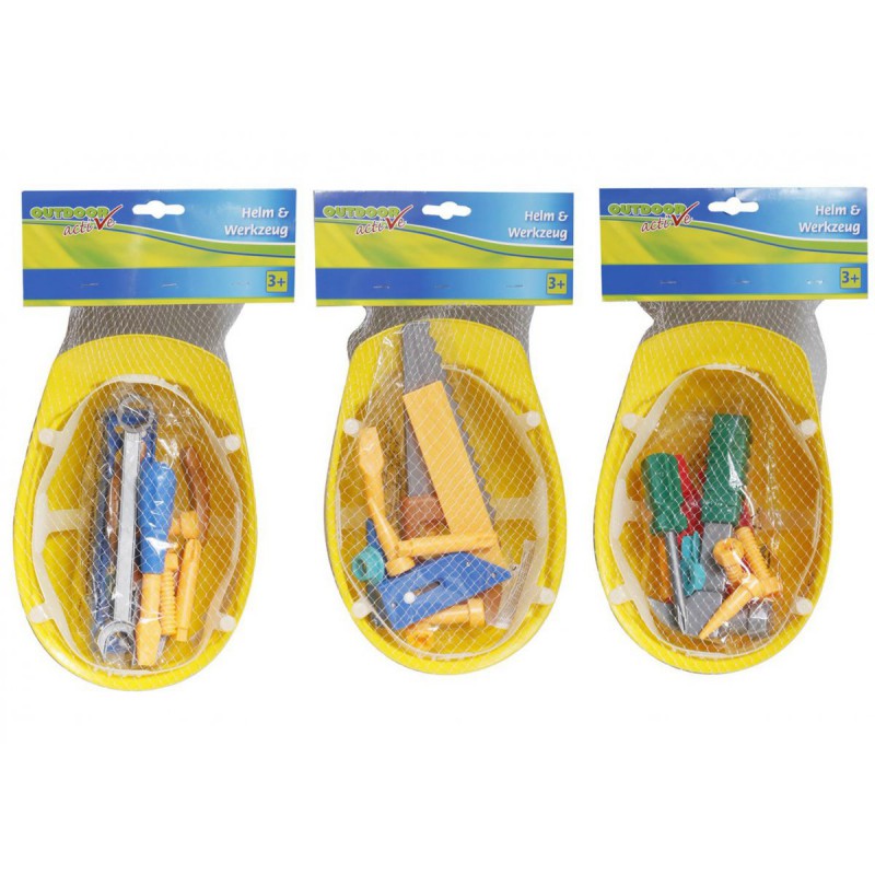 Bouwhelm geel met gereedschap