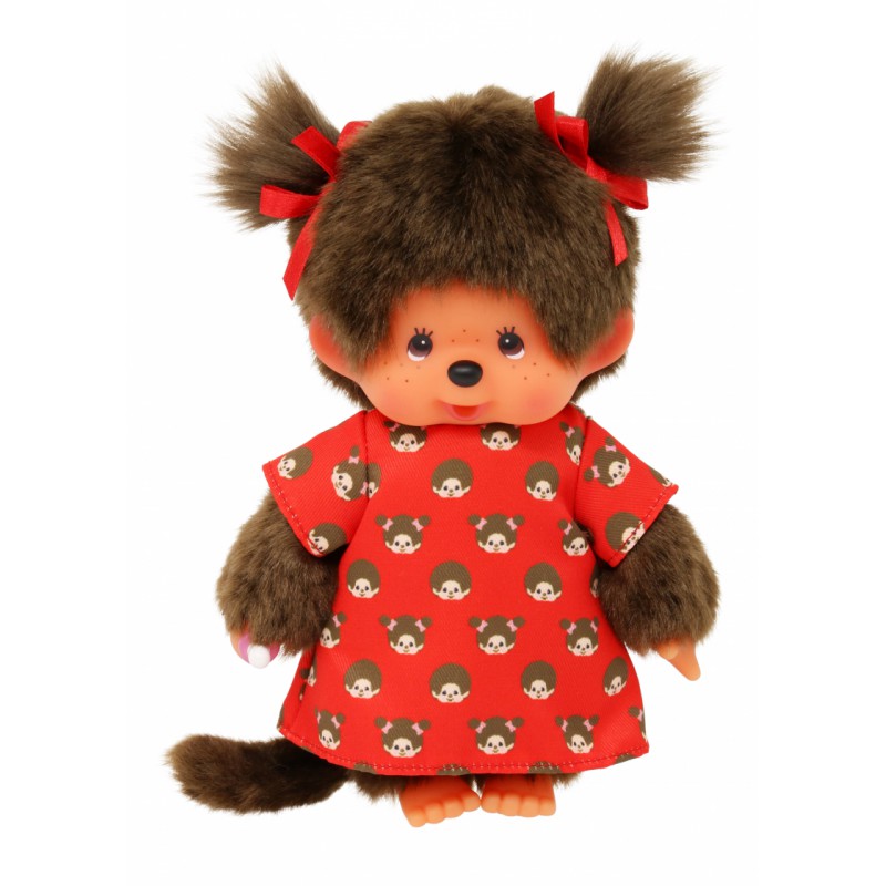 Monchhichi, Meisje rood jurkje met print (20cm)