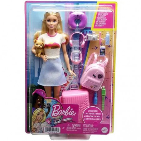 Barbie: Travel Malibu doll met puppy en accessoires