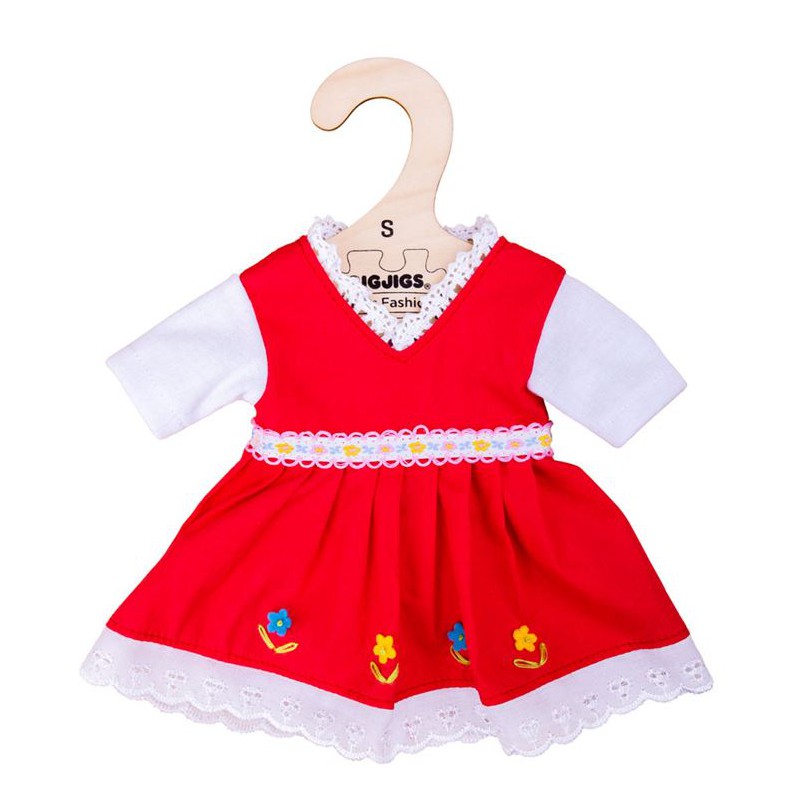 Rood/roze jurk met bloemen bies small, Bigjigs toys