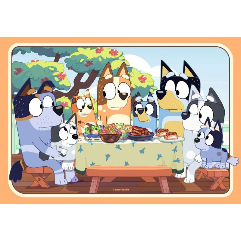Bluey, feestje met Bluey 2x24stukjes kinderpuzzel Ravensburger