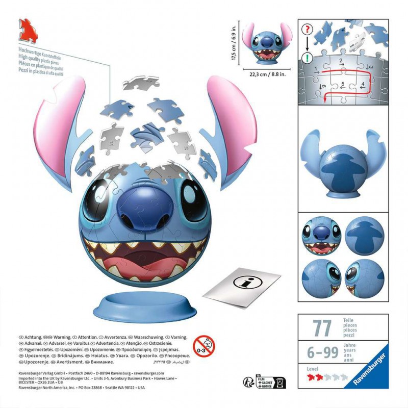 3D puzzelbal, Disney, Stitch, Ravensburger 72 stukjes
