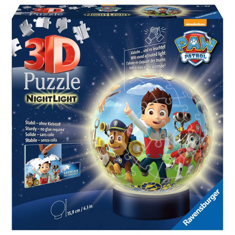 3D puzzelbal, Paw Patrol met verlichting, 72 stukjes Ravensburger