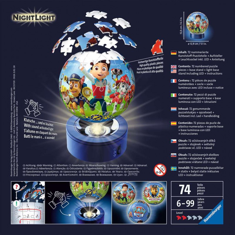 3D puzzelbal, Paw Patrol met verlichting, Ravensburger 72 stukjes