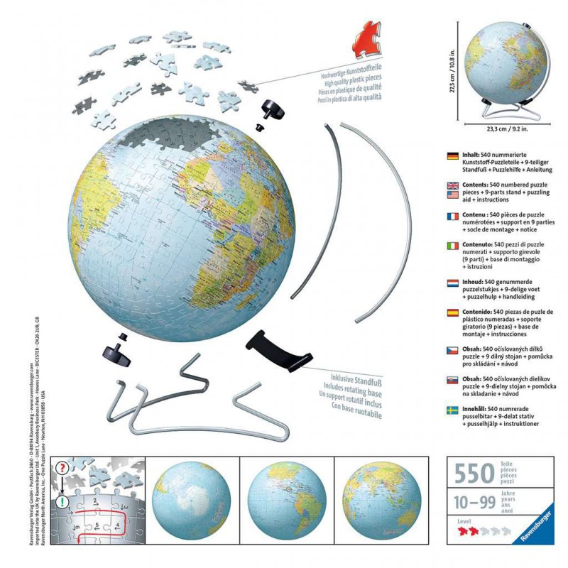 3D puzzelbal, Kinderglobe, geografisch,  Ravensburger 540 stukjes