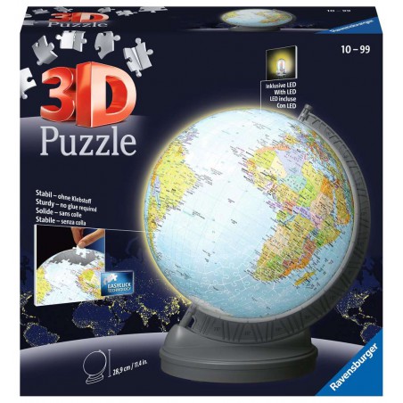 3D puzzelbal, Kinderglobe, geografisch, met licht, 540 stukjes Ravensburger