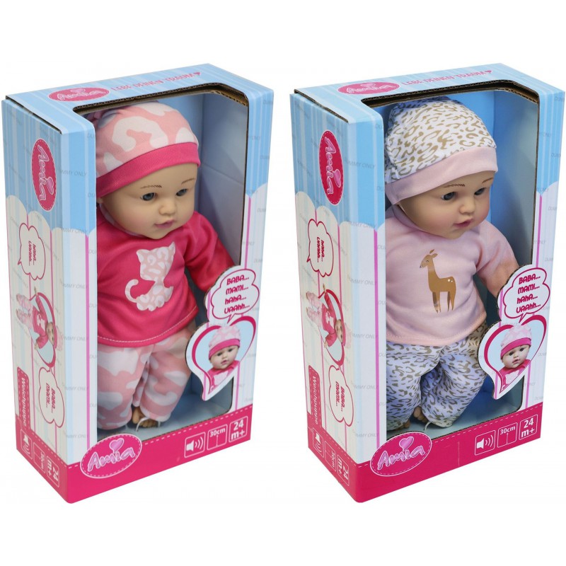 Amia  sprekende pop met muts. 30cm assorti kleur