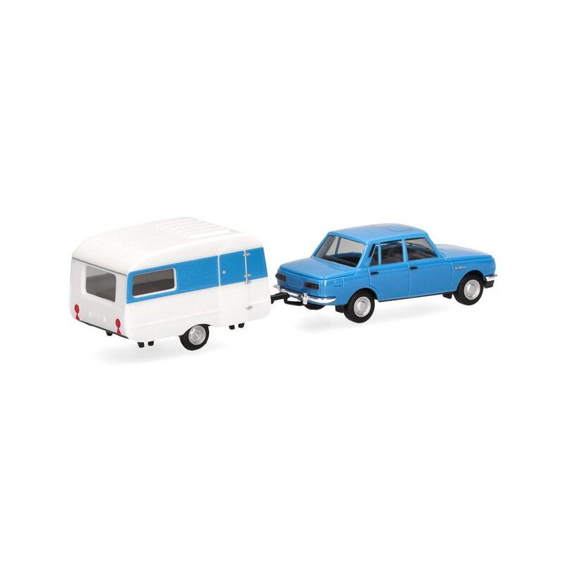 Wartburg 353 `82 & Qek-Junior caravan (blauw) 1:87, Herpa