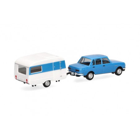 Wartburg 353 `82 & Qek-Junior caravan (blauw) 1:87, Herpa