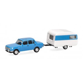 Wartburg 353 `82 & Qek-Junior caravan (blauw) 1:87, Herpa
