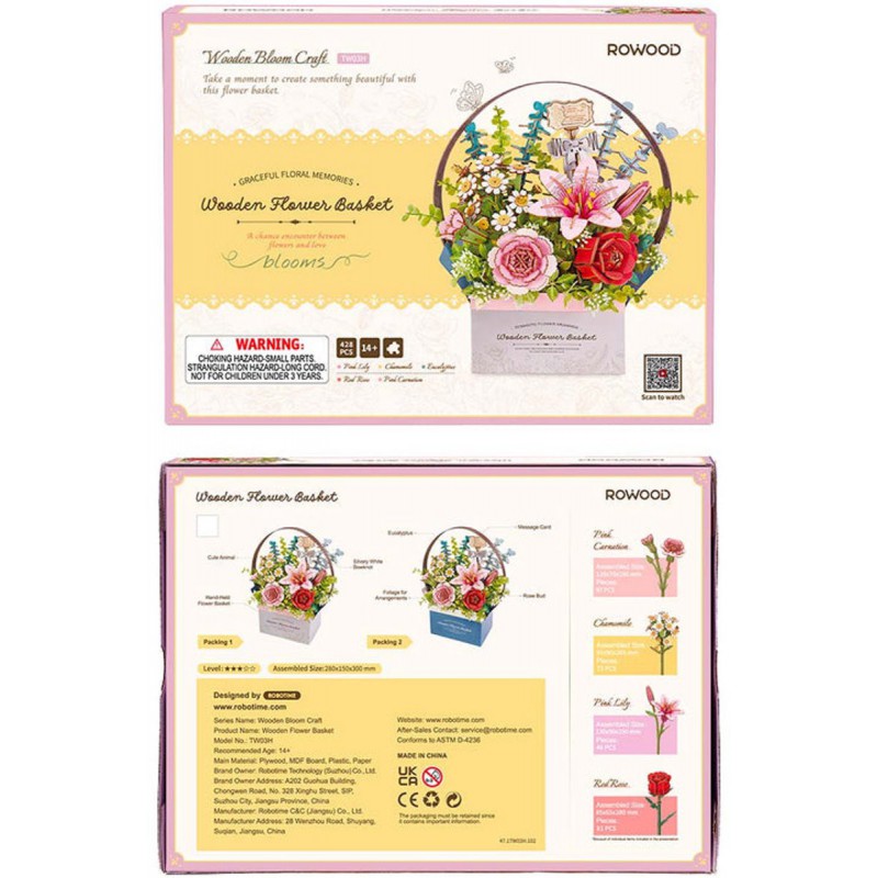 Houten bloemen mand Wooden Flower Basket, Wooden bloom craft, Rowood Robotime