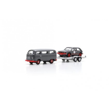 VW T2 Bus + Trailer & VW Golf (grijs) 1:87, Schuco