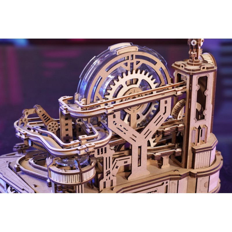 Marble Run Gearball Scramble, DIY mechanisch houtwerk knikkerbaan, Rokr