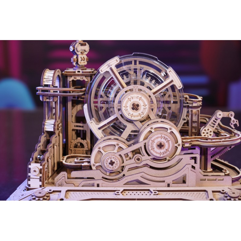 Marble Run Gearball Scramble, DIY mechanisch houtwerk knikkerbaan, Rokr