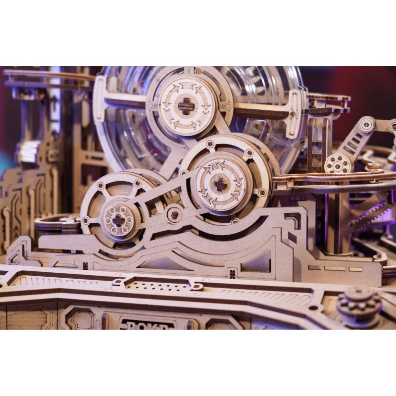 Marble Run Gearball Scramble, DIY mechanisch houtwerk knikkerbaan, Rokr