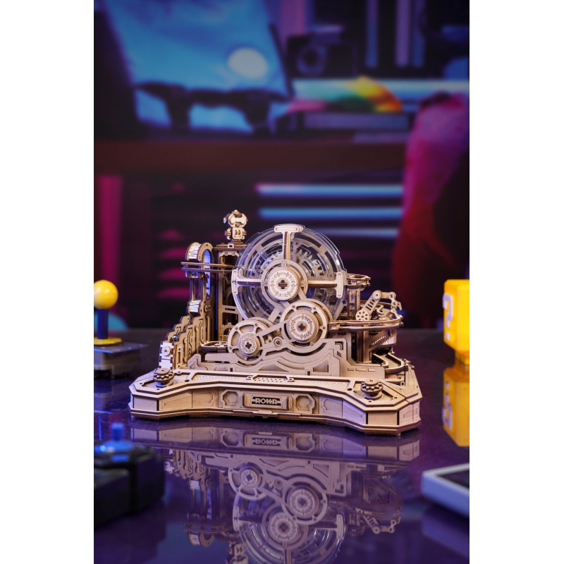 Marble Run Gearball Scramble, DIY mechanisch houtwerk knikkerbaan, Rokr