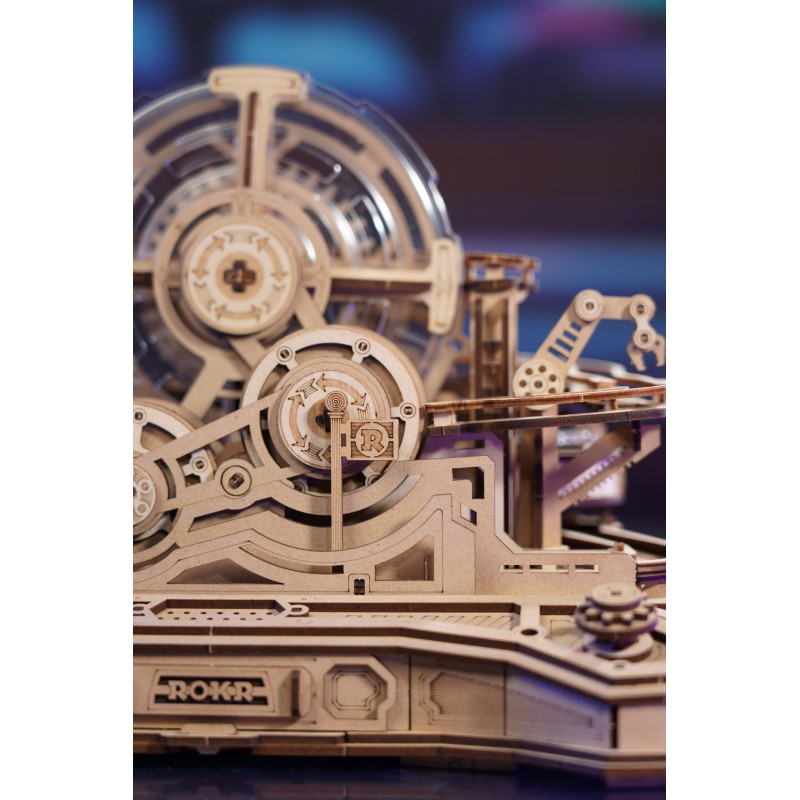 Marble Run Gearball Scramble, DIY mechanisch houtwerk knikkerbaan, Rokr