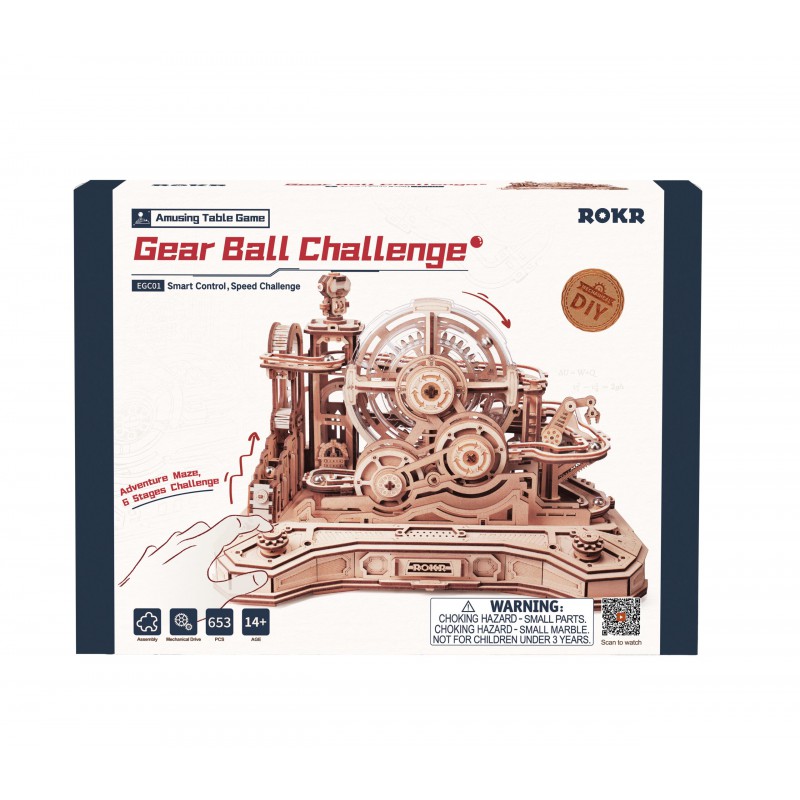 Marble Run Gearball Scramble, DIY mechanisch houtwerk knikkerbaan, Rokr