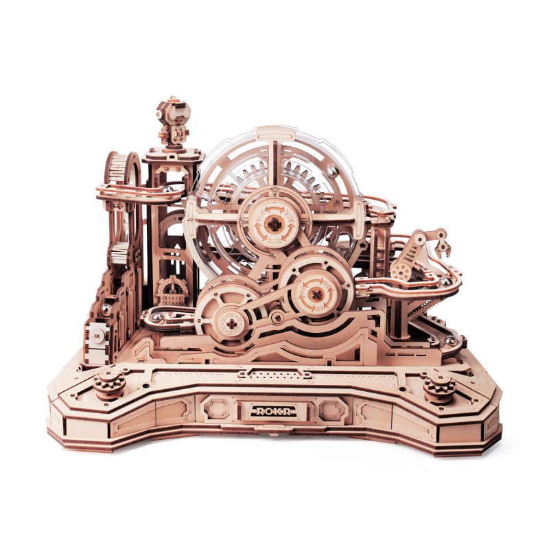 Marble Run Gearball Scramble, DIY mechanisch houtwerk knikkerbaan, Rokr