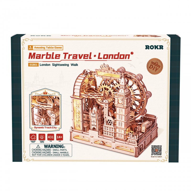Marble Travel London, DIY mechanisch houtwerk knikkerbaan, Rokr