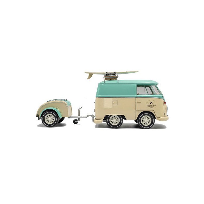 VW T1 Kool Kombi + aanhanger '24, mintgroen/wit - 1:18 - Solido