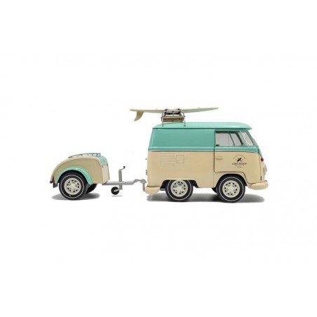 VW T1 Kool Kombi + aanhanger '24, mintgroen/wit - 1:18 - Solido