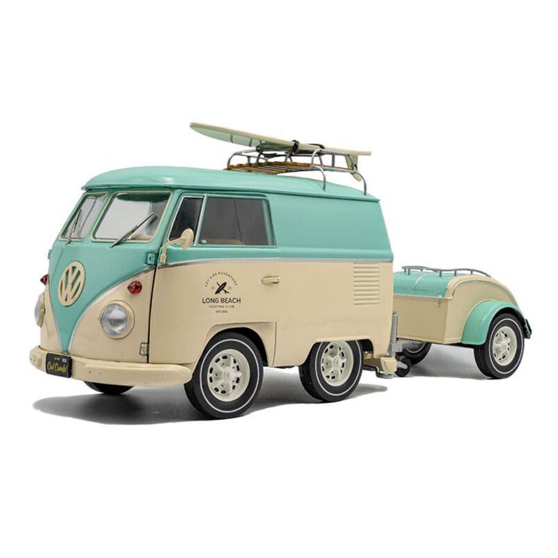 VW T1 Kool Kombi + aanhanger '24, mintgroen/wit - 1:18 - Solido