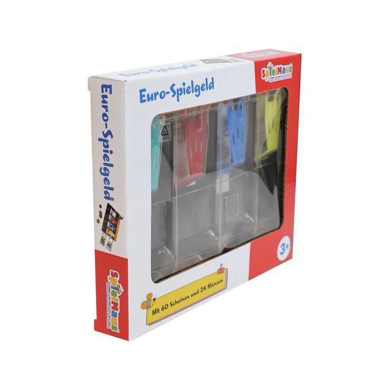 De euro-spaarpot bevat 60 verschillende speelbankbiljetten en 24 speelmunten.