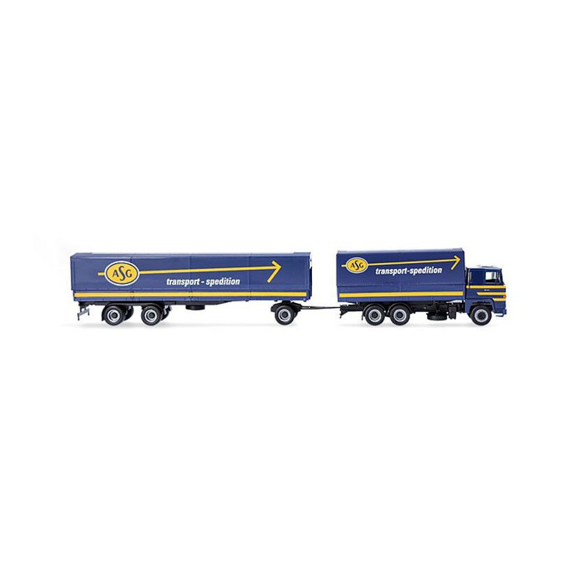 Scania 141 motorwagen aanhanger ASG, Blauw, 1:87, Herpa