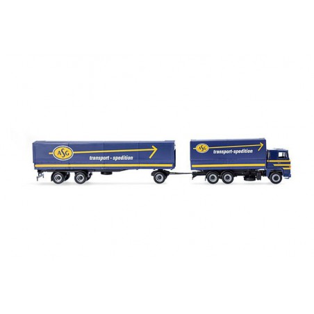 Scania 141 motorwagen aanhanger ASG, Blauw, 1:87, Herpa