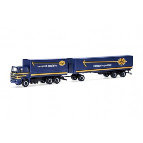 Scania 141 motorwagen aanhanger ASG, Blauw, 1:87, Herpa