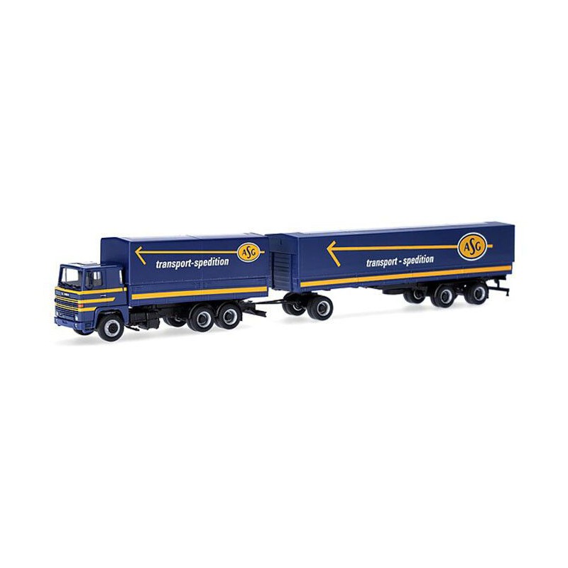 Scania 141 motorwagen aanhanger ASG, Blauw, 1:87, Herpa