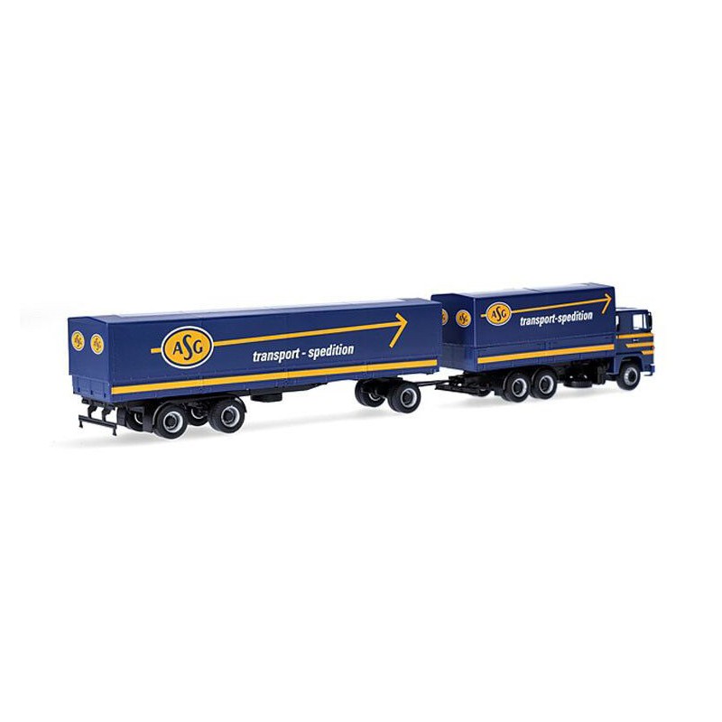 Scania 141 motorwagen aanhanger ASG, Blauw, 1:87, Herpa