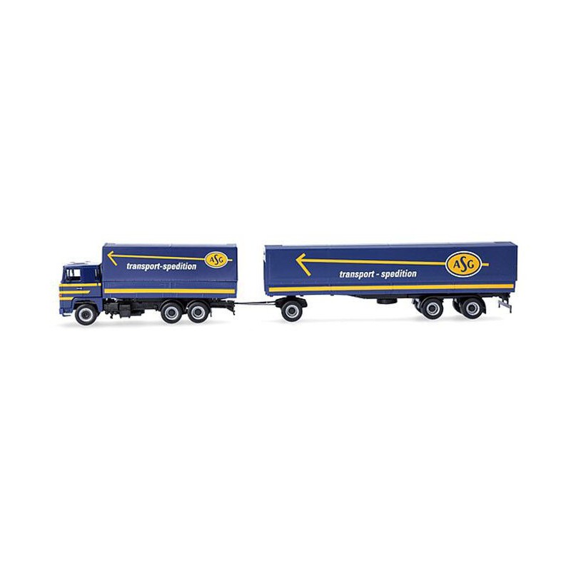 Scania 141 motorwagen aanhanger ASG, Blauw, 1:87, Herpa