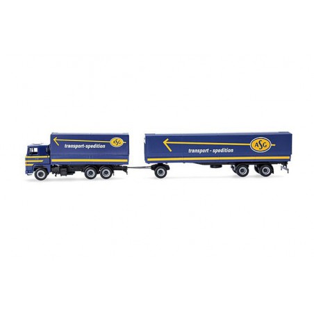 Scania 141 motorwagen aanhanger ASG, Blauw, 1:87, Herpa