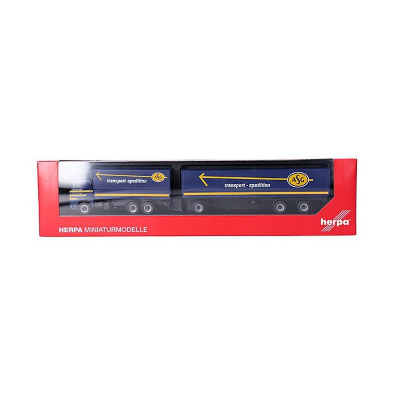 Scania 141 motorwagen aanhanger ASG, Blauw, 1:87, Herpa