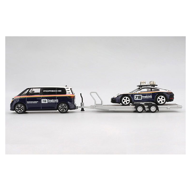VW ID. Buzz + trailer Porsche 911 D. nr718 Porsche Gelderland 1:64, MiniGT (1115+1117)