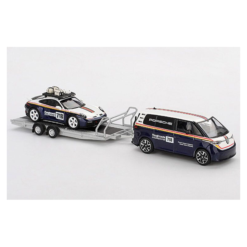 VW ID. Buzz + trailer Porsche 911 D. nr718 Porsche Gelderland 1:64, MiniGT (1115+1117)