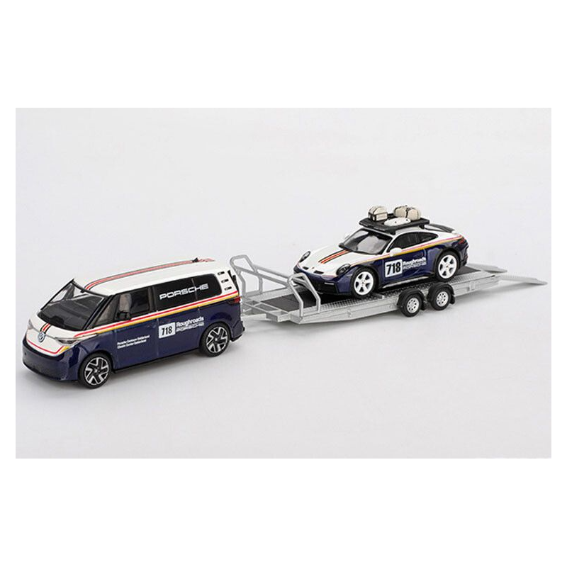 VW ID. Buzz + trailer Porsche 911 D. nr718 Porsche Gelderland 1:64, MiniGT (1115+1117)