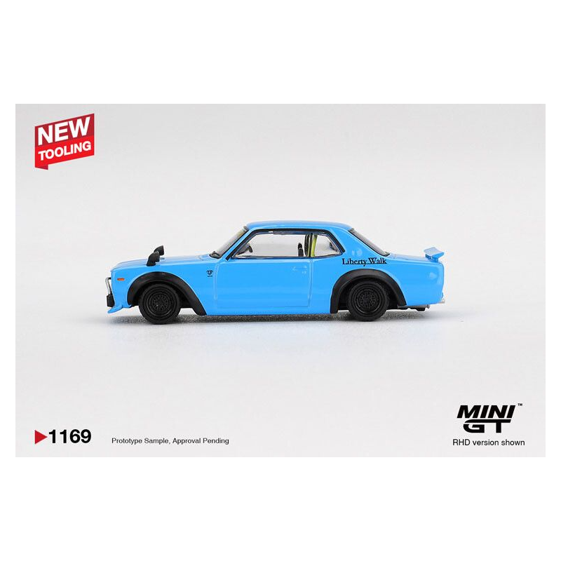 Nissan Hakosuka LB Works '15, blauw (baby blue) 1:64, MiniGT (1169)