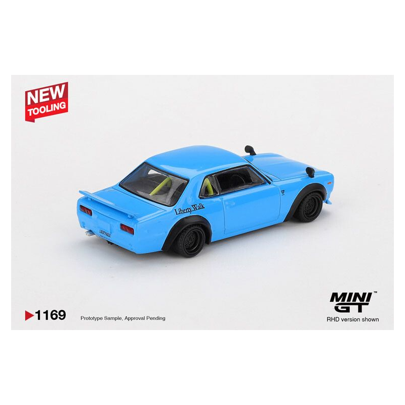 Nissan Hakosuka LB Works '15, blauw (baby blue) 1:64, MiniGT (1169)