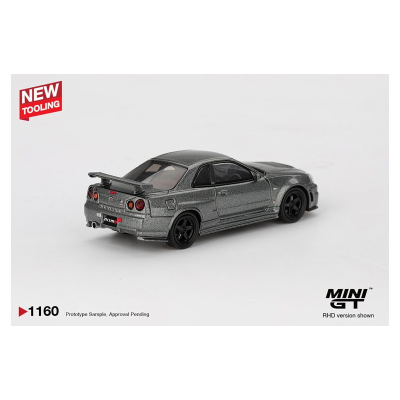 Nissan Skyline GTR (R34) '99, grijs (Dark metal grey) 1:64, Mini GT (1160) (Blister verpakking)