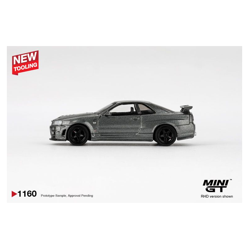 Nissan Skyline GTR (R34) '99, grijs (Dark metal grey) 1:64, Mini GT (1160) (Blister verpakking)