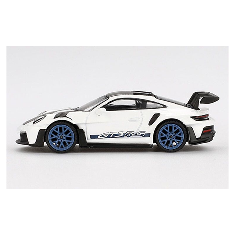 Porsche 911 (992) GT3 RS Weissach '24, wit/blauw 1:64, Mini GT (853)